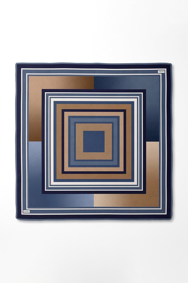 Lacivert Kare Desen Twill İpek Eşarp