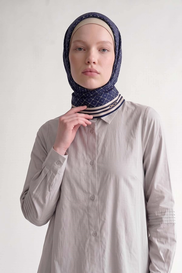 Lacivert Kemer Detaylı Twill İpek Eşarp