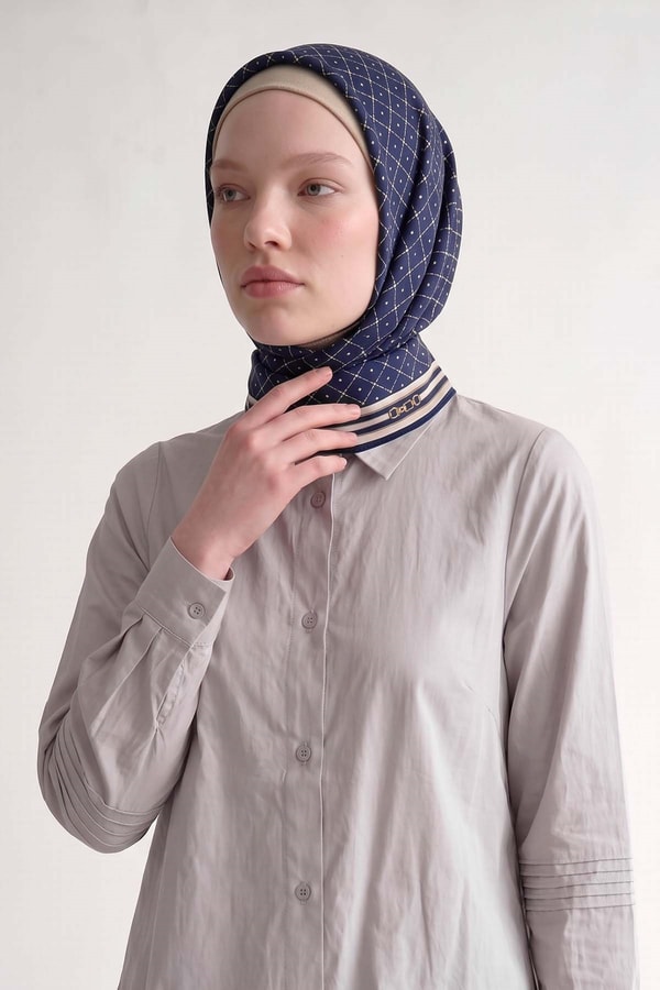 Lacivert Kemer Detaylı Twill İpek Eşarp
