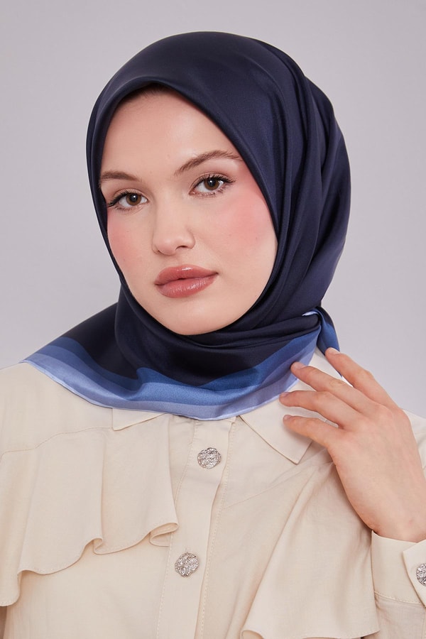 Kenar Bordürlü Twill İpek Eşarp Lacivert