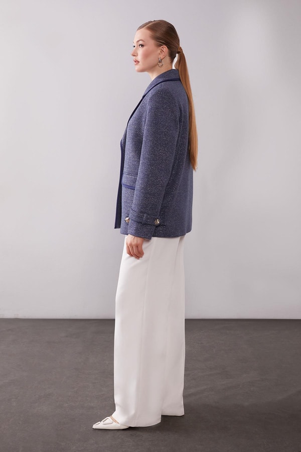 Lacivert Kruvaze Kenar Şeritli Kaşmir Ceket