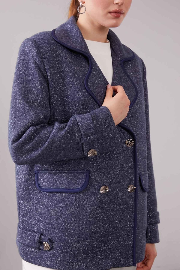 Lacivert Kruvaze Kenar Şeritli Kaşmir Ceket