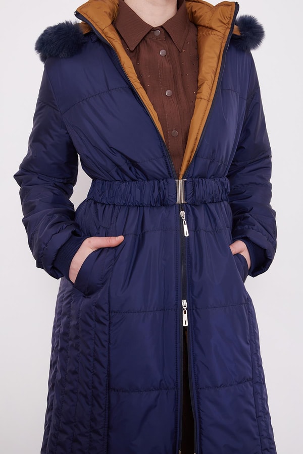 Lacivert Kürk Şapkalı Şişme Mont