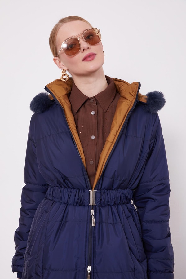 Lacivert Kürk Şapkalı Şişme Mont