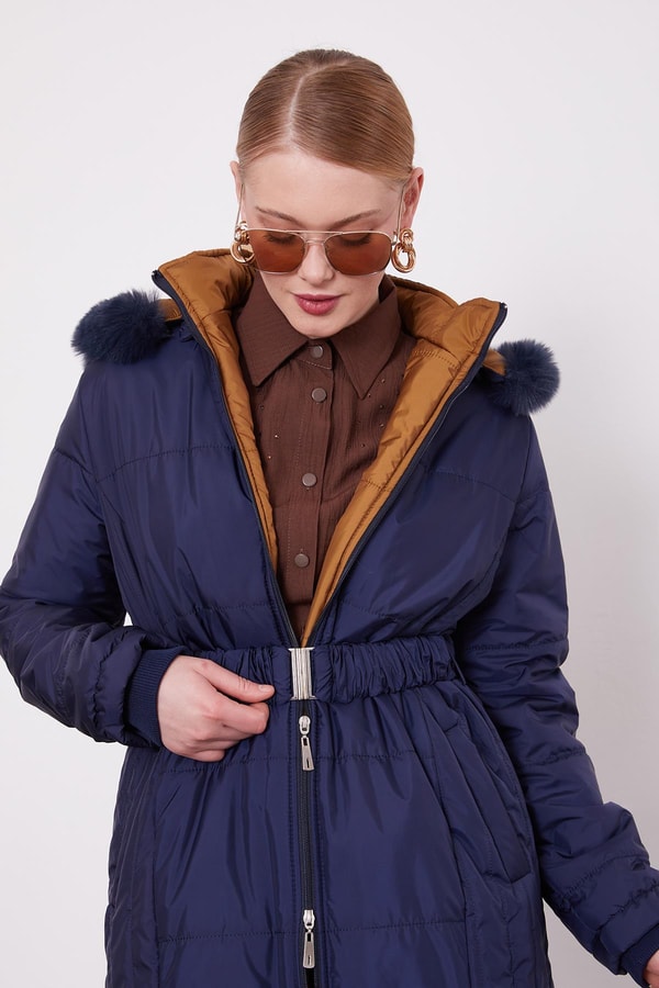 Lacivert Kürk Şapkalı Şişme Mont