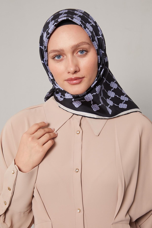 Lacivert Mini Yonca Desen Twill İpek Eşarp