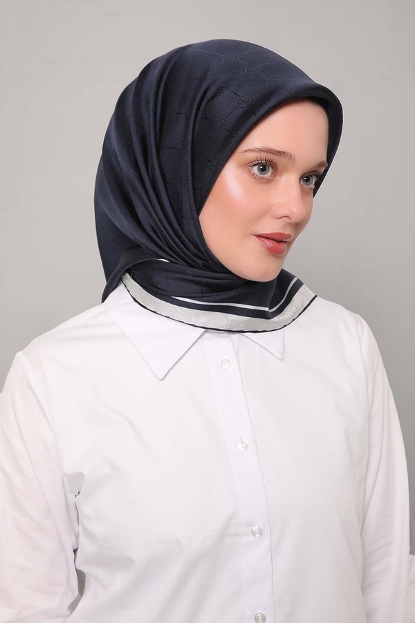 Lacivert Monogram Twill İpek Eşarp