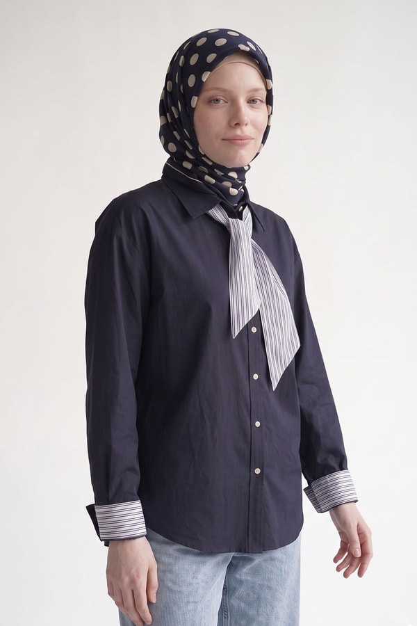 Lacivert Puantiyeli Twill İpek Eşarp