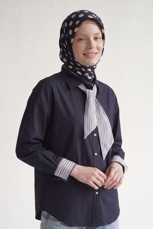 Lacivert Puantiyeli Twill İpek Eşarp