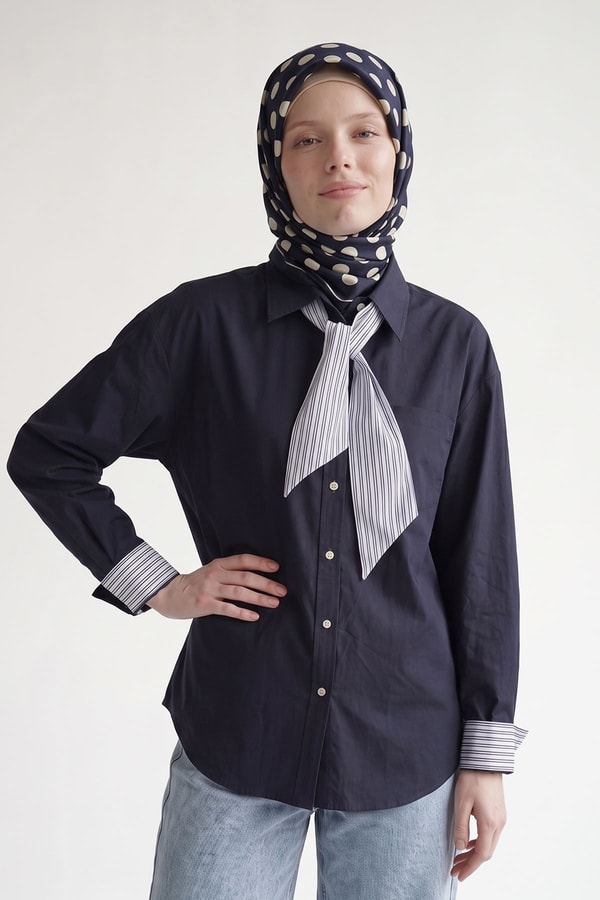 Lacivert Puantiyeli Twill İpek Eşarp