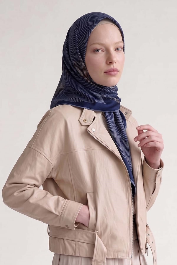 Lacivert Sarmal Çizgili Twill İpek Eşarp