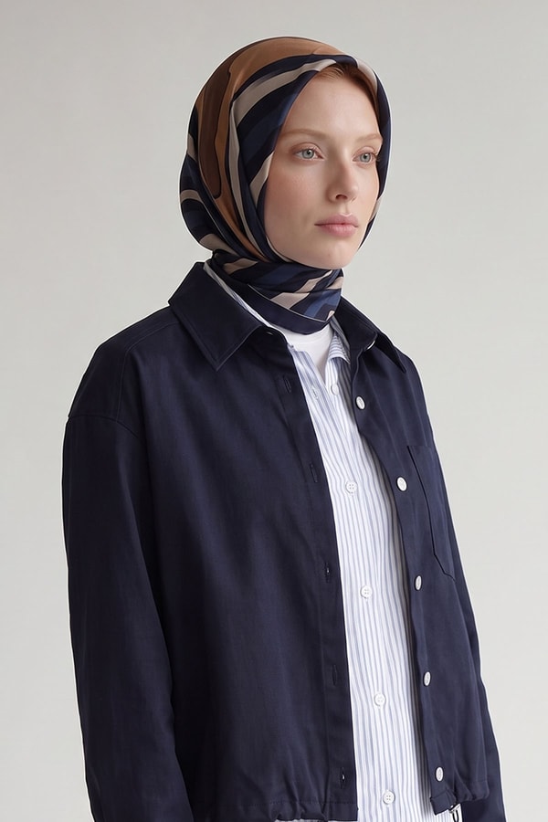 Lacivert Şerit Detaylı Twill İpek Eşarp
