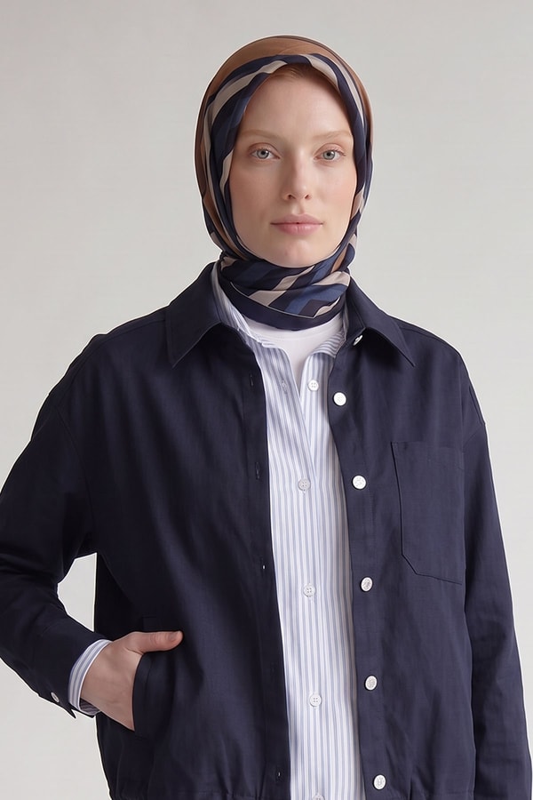 Lacivert Şerit Detaylı Twill İpek Eşarp