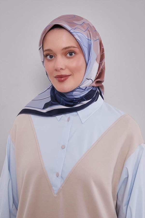 Lacivert Soyut Çiçek Twill İpek Eşarp