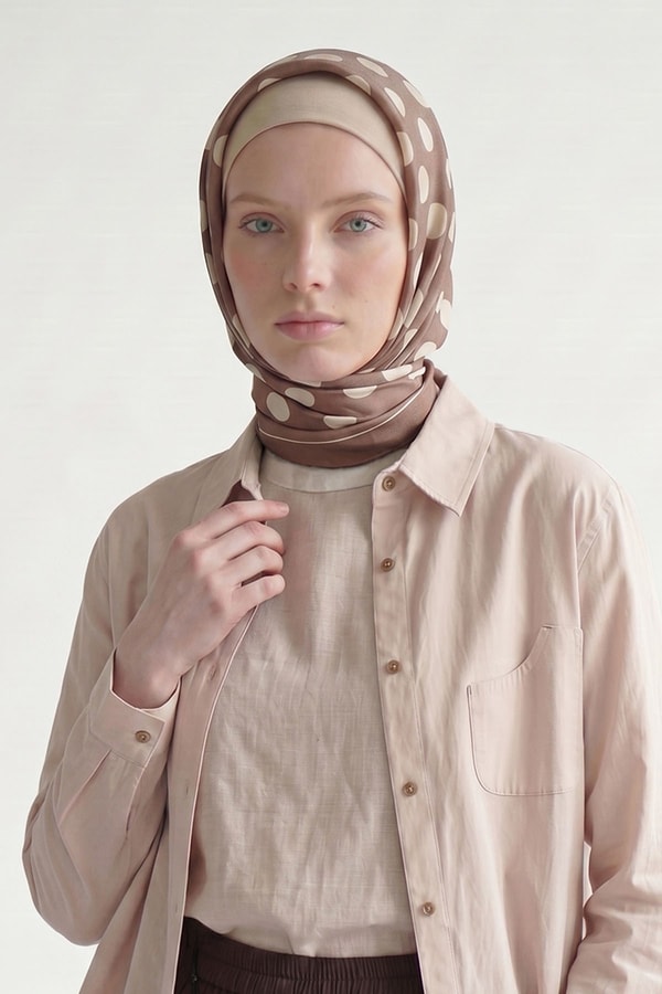 Latte Puantiyeli Twill İpek Eşarp