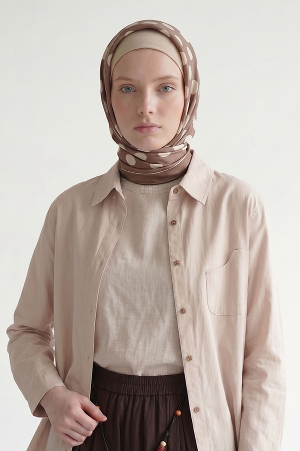 Latte Puantiyeli Twill İpek Eşarp