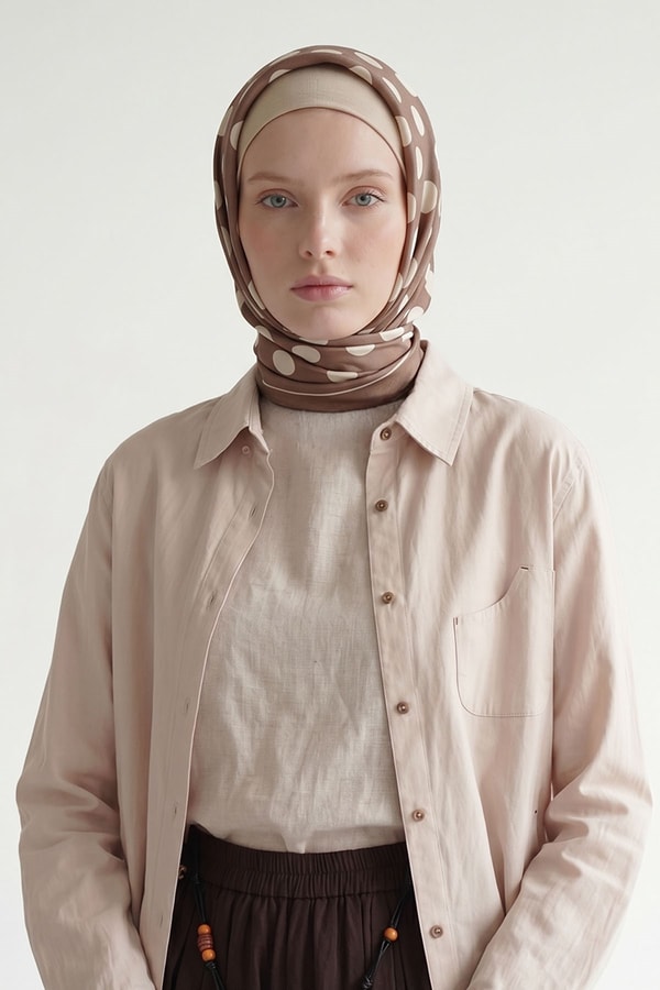 Latte Puantiyeli Twill İpek Eşarp
