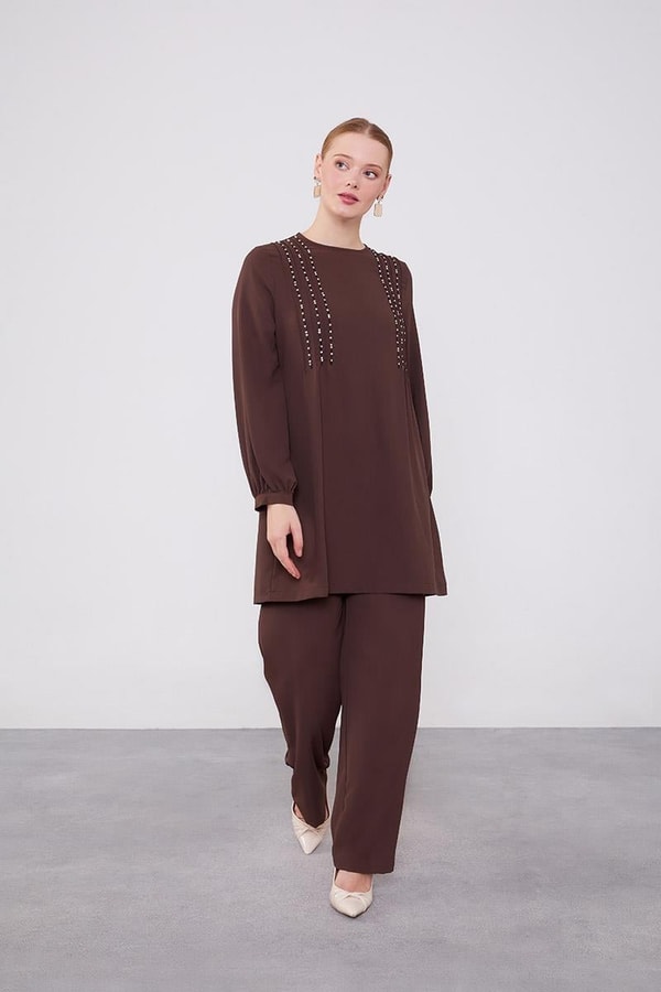 Acı Kahve Boncuk İşlemeli Tunik Takım