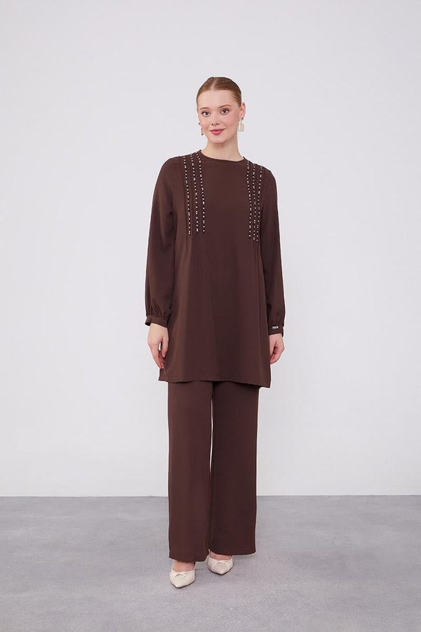 Acı Kahve Boncuk İşlemeli Tunik Takım