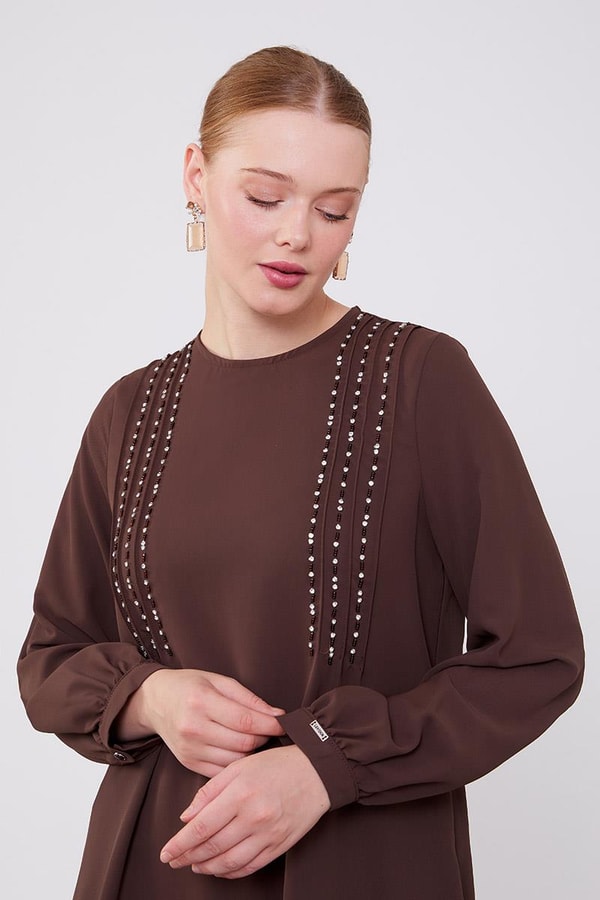Acı Kahve Boncuk İşlemeli Tunik Takım