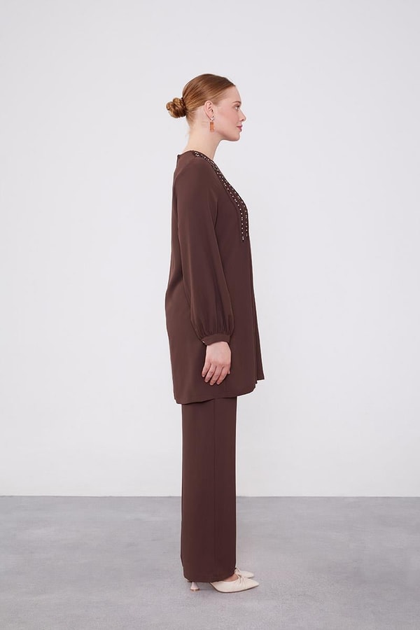 Acı Kahve Boncuk İşlemeli Tunik Takım