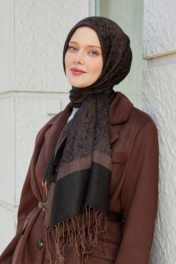 Acı Kahve Püsküllü Etnik Kaşmir İpek Şal