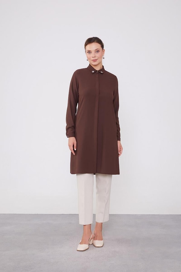 Acı Kahve Yaka Taş Detaylı Tunik