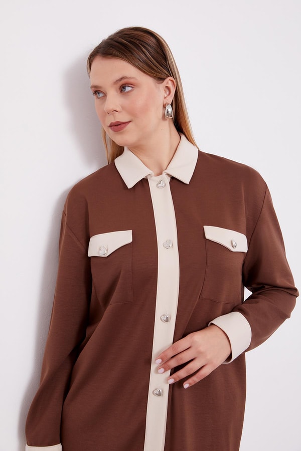 Acı Kahve - Krem Düğme Detaylı Pantolon Takım