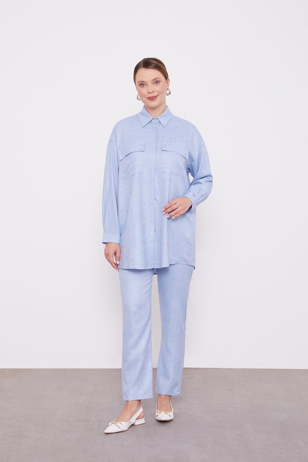 Bebe Mavisi Taş İşlemeli Melanj Gömlek İkili Takım