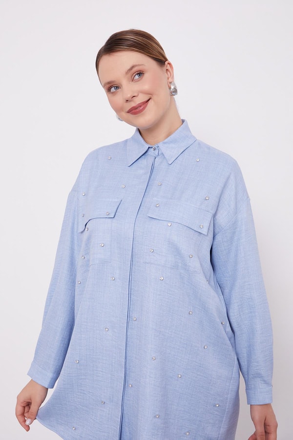 Bebe Mavisi Taş İşlemeli Melanj Gömlek İkili Takım