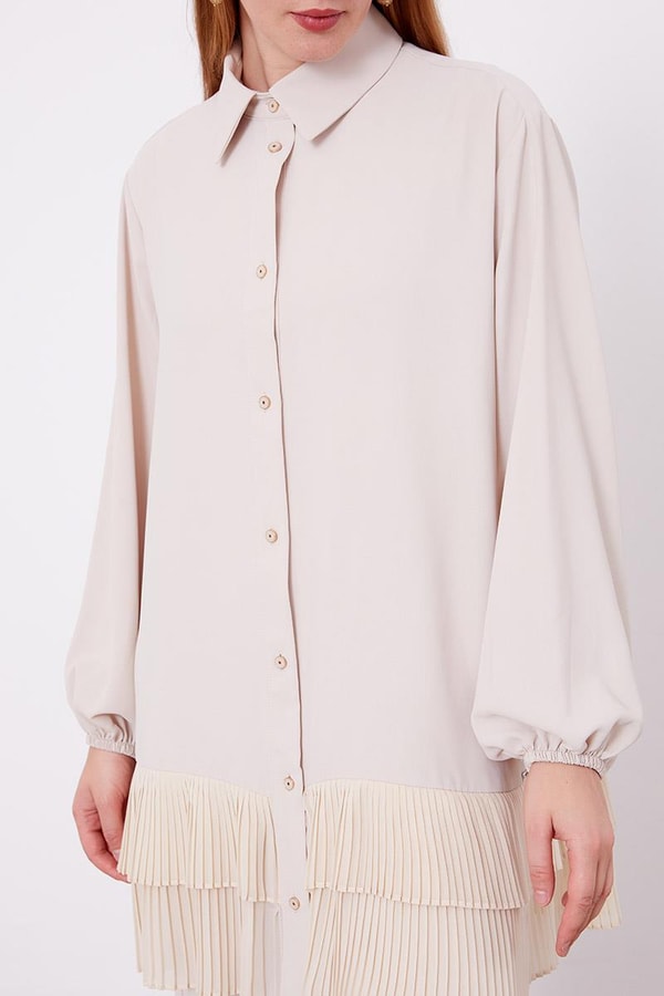 Bej Eteği Pileli Gömlek Yaka Tunik Takım