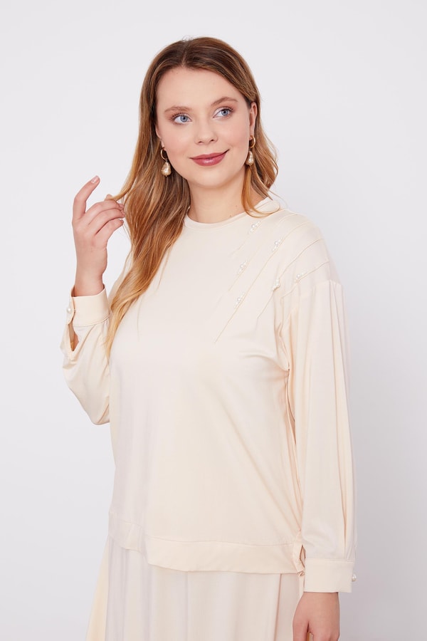 Bej İnci Detaylı Etekli Takım