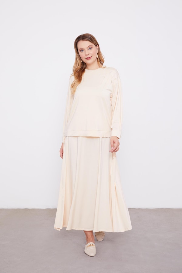 Bej İnci Detaylı Etekli Takım