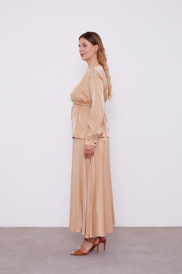 Camel Beli Büzülebilen Saten Etekli Takım