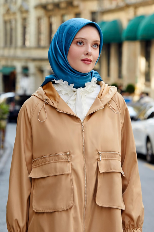 Camel Kapüşonlu Fermuar Kapama Trençkot