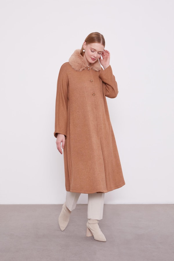 Camel Yakası Kürklü Kaşmir Hırka