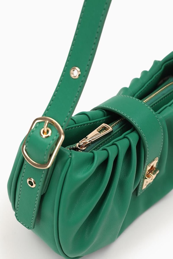 Çimen Yeşili Pile Büzgülü Omuz Çantası