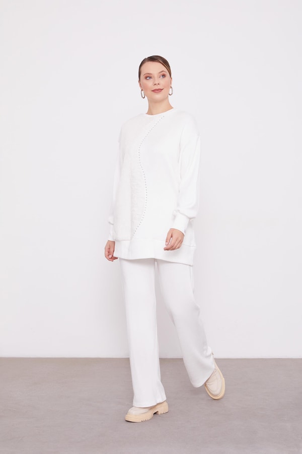 Ekru Peluş Detaylı Kaşmir İkili Takım