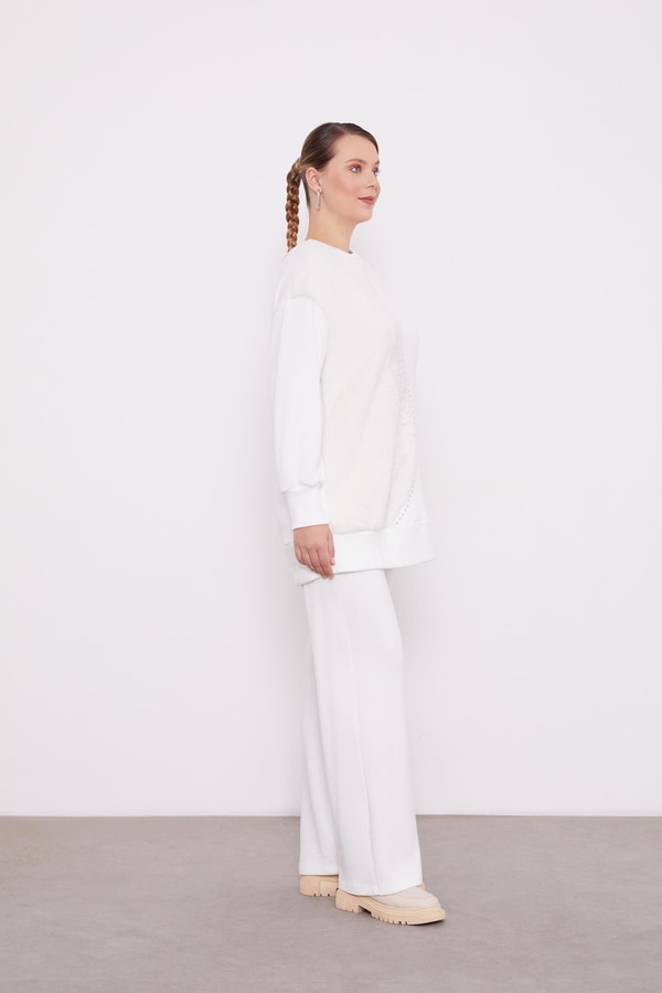 Ekru Peluş Detaylı Kaşmir İkili Takım