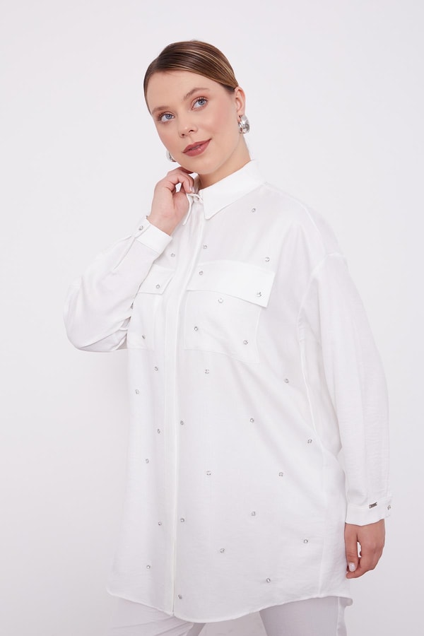 Ekru Taş İşlemeli Melanj Gömlek İkili Takım