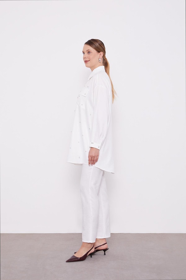 Ekru Taş İşlemeli Melanj Gömlek İkili Takım