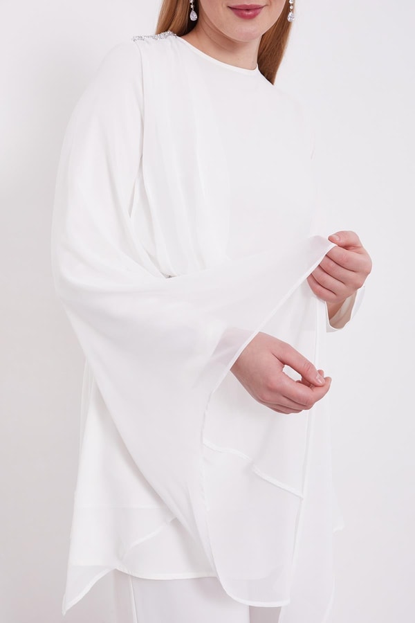 Ekru Taş İşlemeli Şifon İkili Takım