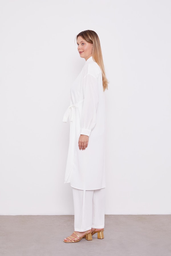 Ekru Yandan Bağlamalı Pliseli İkili Takım