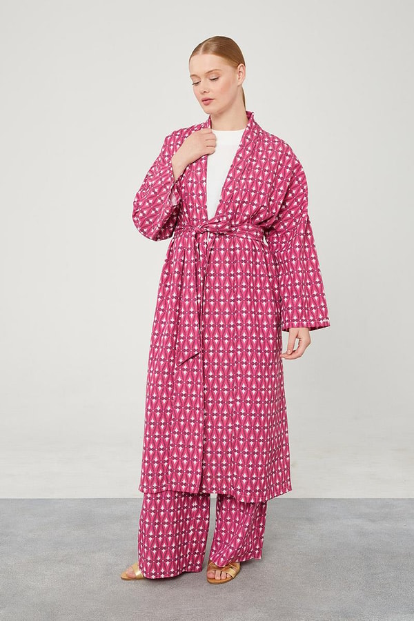 Desenli Keten Kuşak Bağlamalı Kimono Takım Fuşya