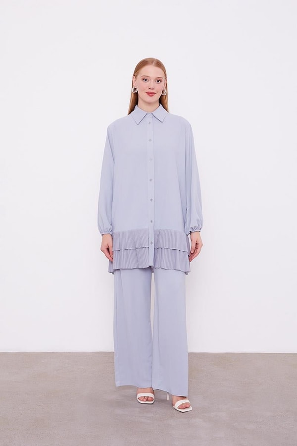 Gri Eteği Pileli Gömlek Yaka Tunik Takım