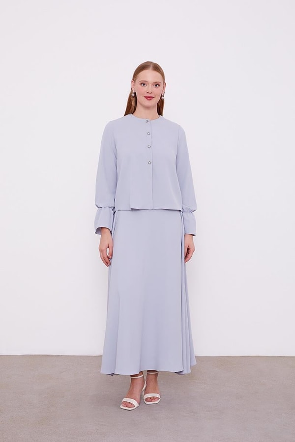 Gri Kısa Şifon Gömlekli Etek Takım