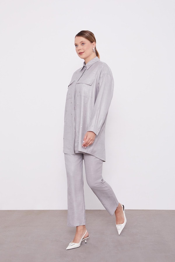 Gri Taş İşlemeli Melanj Gömlek İkili Takım