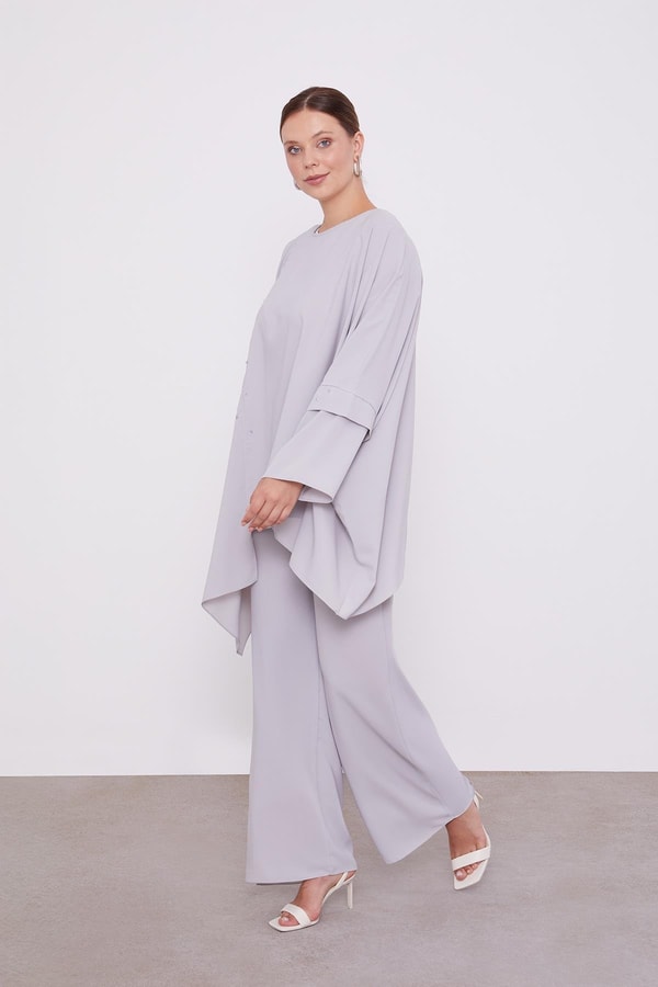 Gri Taş İşlemeli Tunik Takım