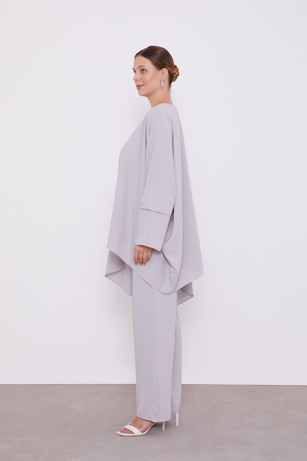 Gri Taş İşlemeli Tunik Takım