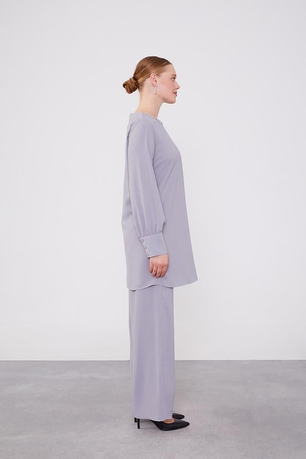 Gri Yakası Taş İşlemeli Şifon Tunik Takım